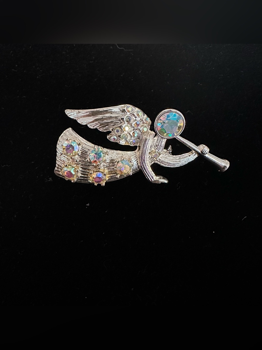 Vintage Eisenberg Ice Silver Angel Trumpet Brooch AB Rhinestone Christmas Pin